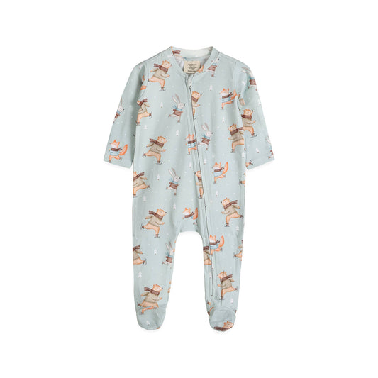 Baby onesie with bear pattern on a light blue background