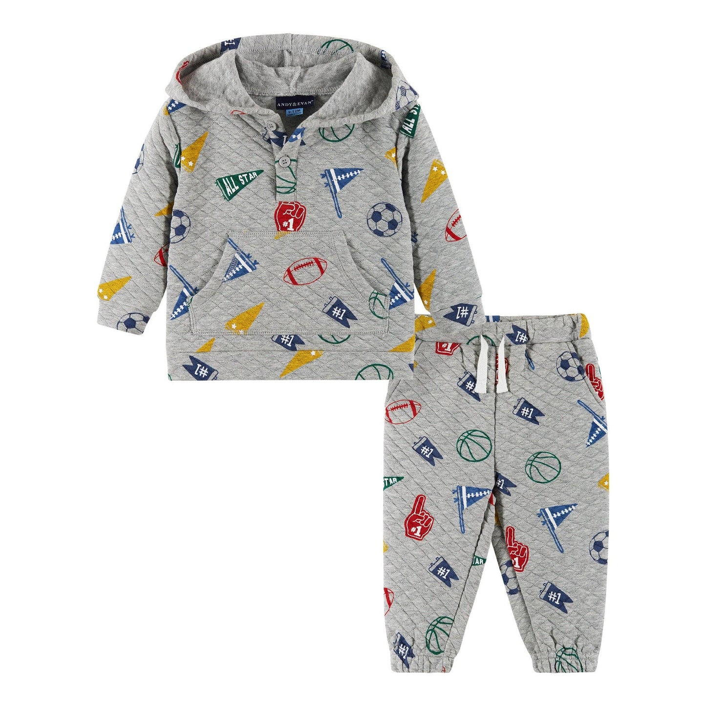 Gray hoodie and pants set with colorful sports-themed design on a white background