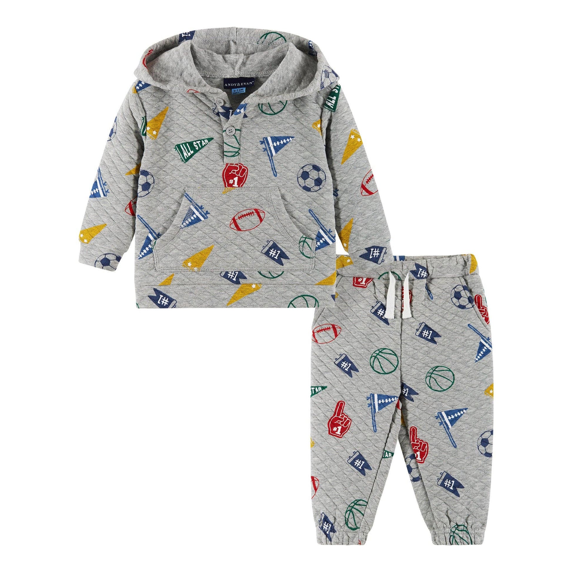 Gray hoodie and pants set with colorful sports-themed design on a white background