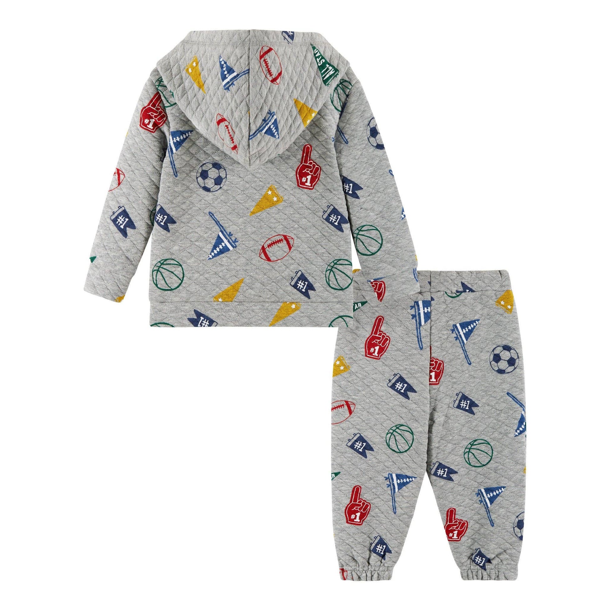 Gray children's hoodie and pants set with colorful sports-themed pattern on a white background