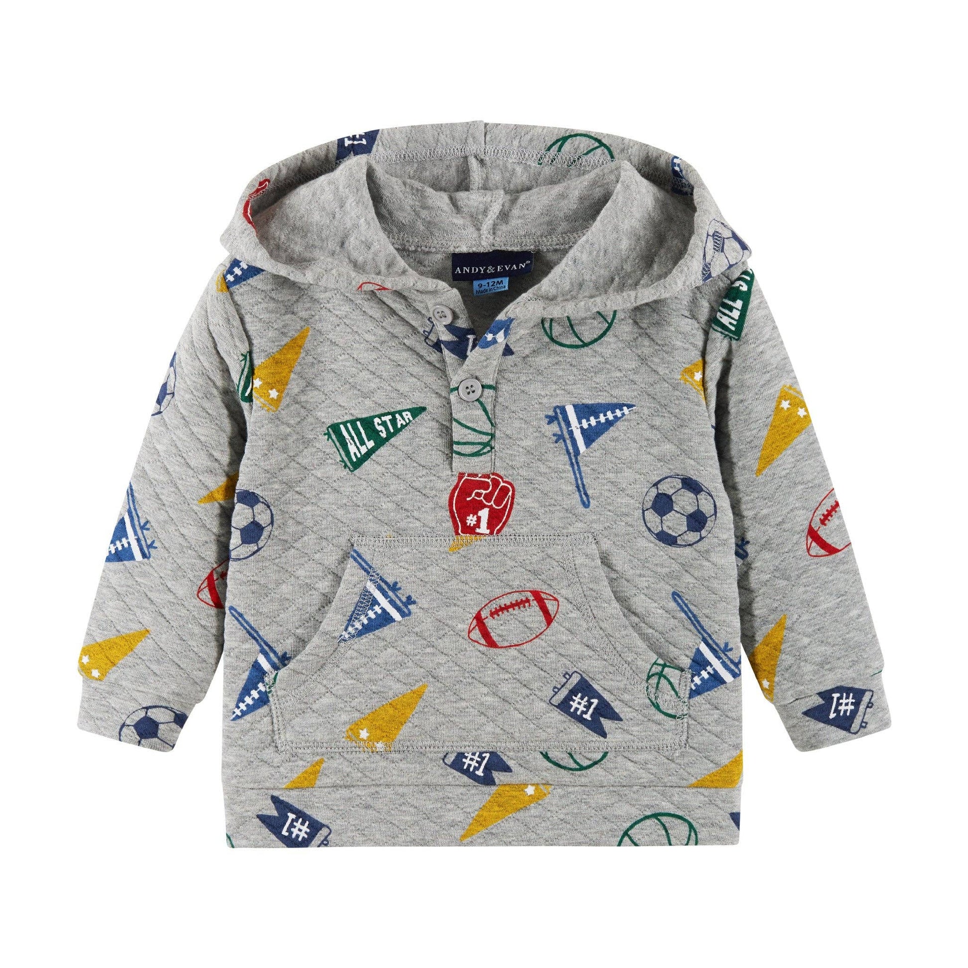 Gray hoodie with sports-themed print on a white background