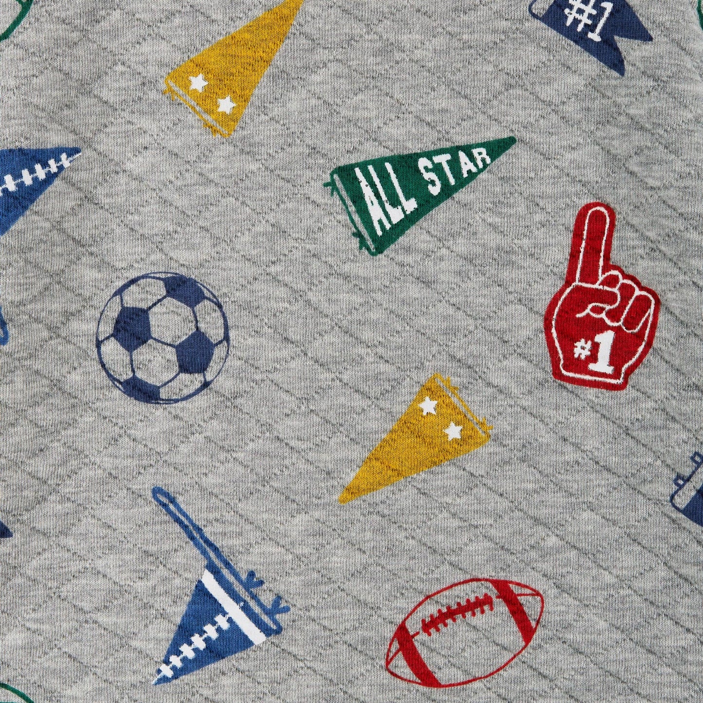 Gray fabric with sports-themed patterns including soccer balls, footballs, and pennants.