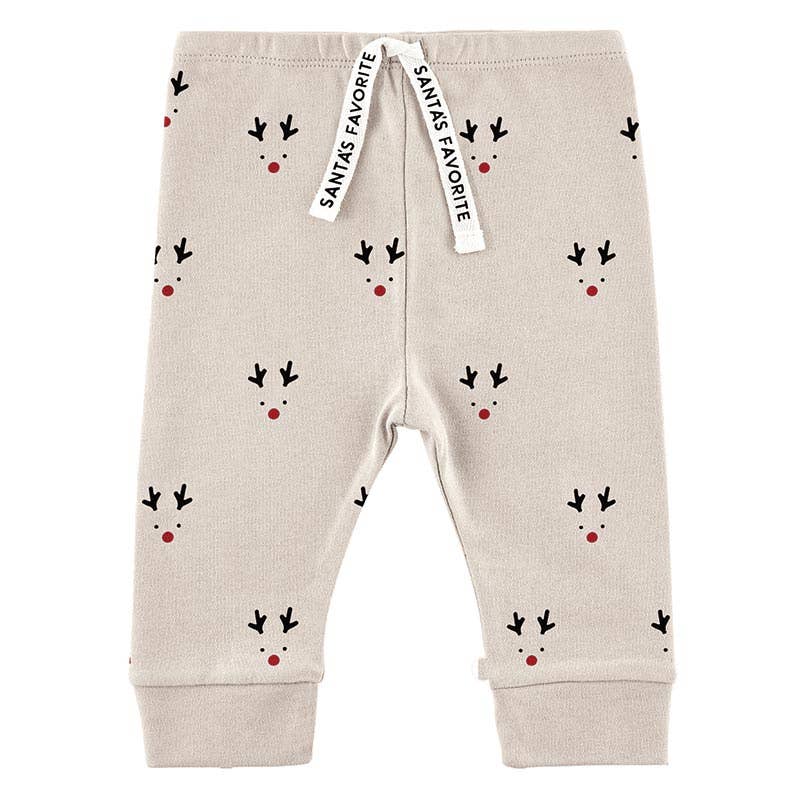 Beige baby pants with reindeer pattern and 'Santa's Favorite' label on a white background