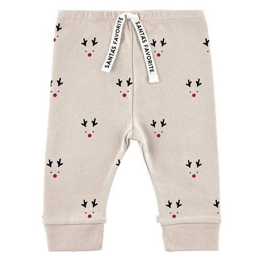 Beige baby pants with reindeer pattern and 'Santa's Favorite' label on a white background