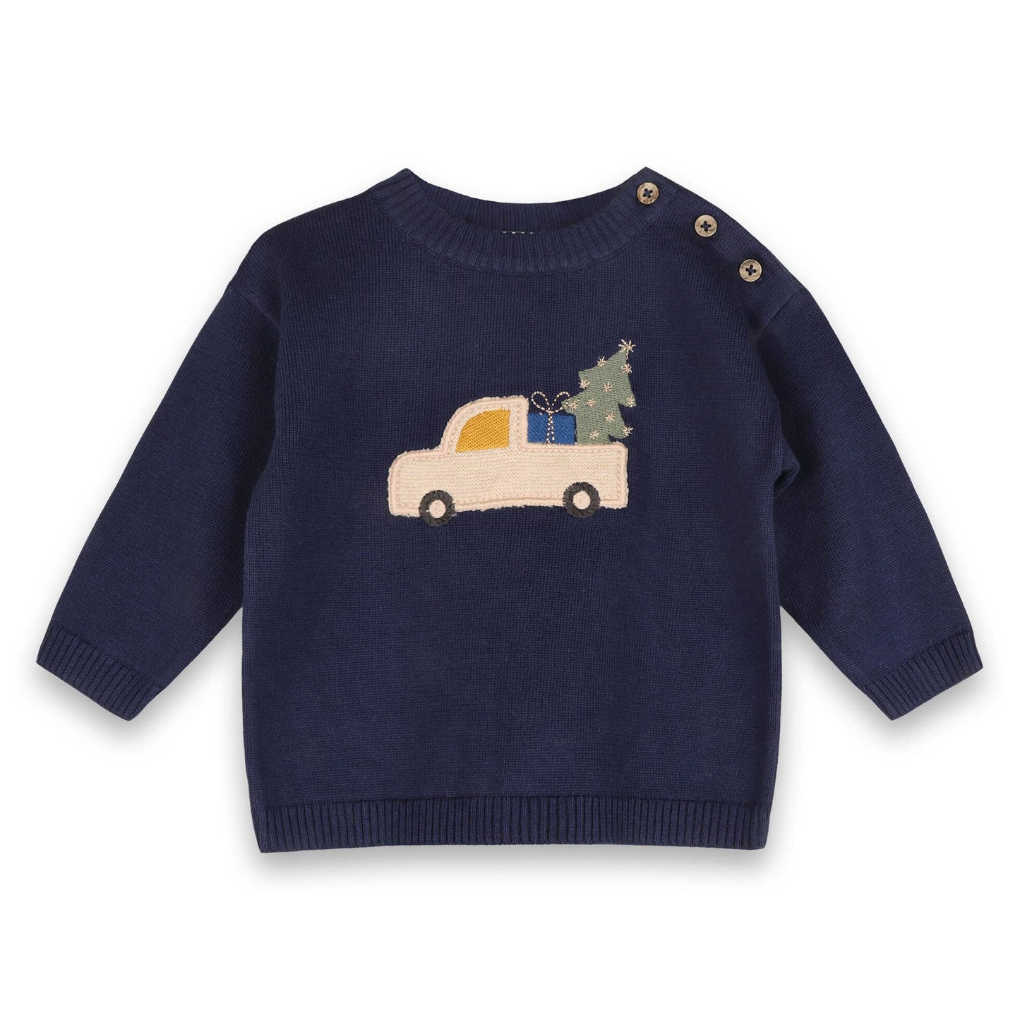 Navy blue sweater with a festive design of a car carrying a tree and presents on a white background