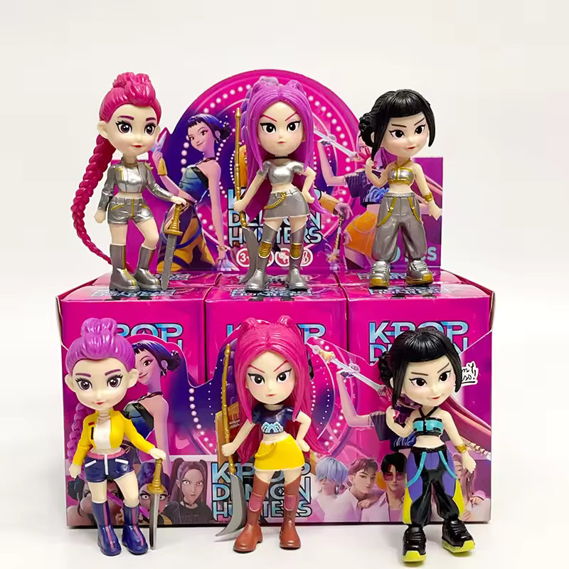 Toy figures with colorful outfits in front of their packaging on a white background