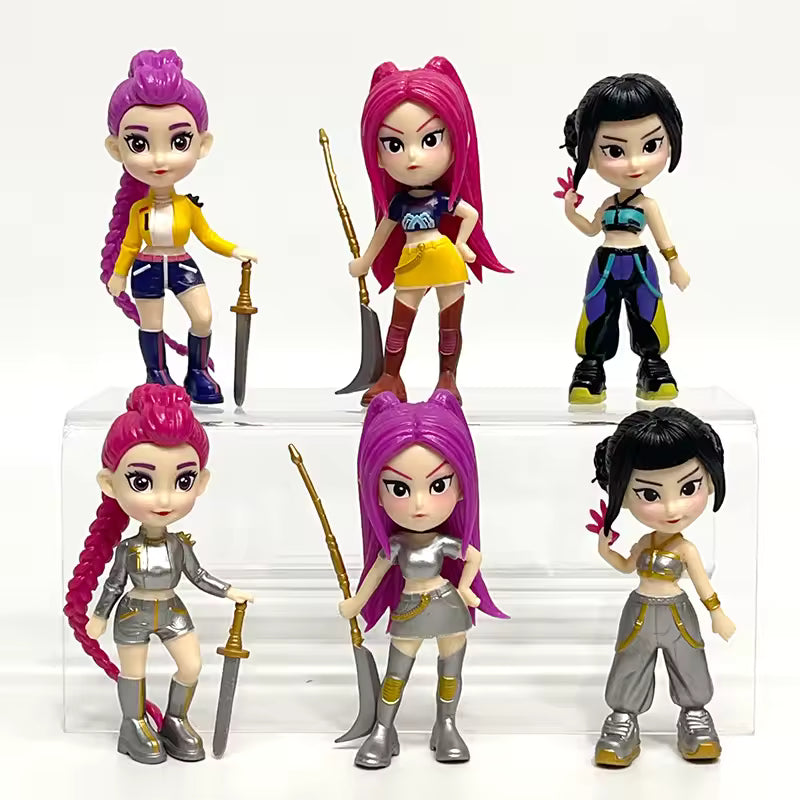 Set of six action figures with different hairstyles and outfits on a white background