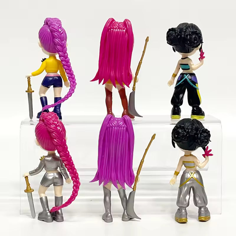 Five action figures with different hairstyles and outfits on a white background