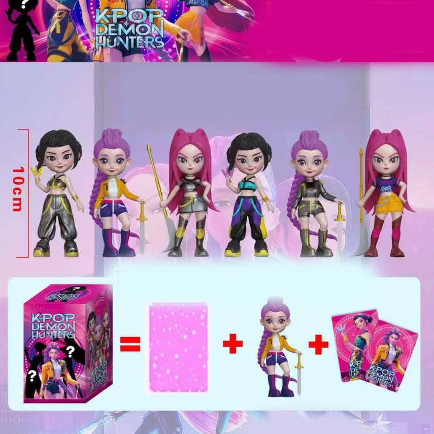 Set of KPOP Demon Hunters dolls with packaging and accessories on a pink background