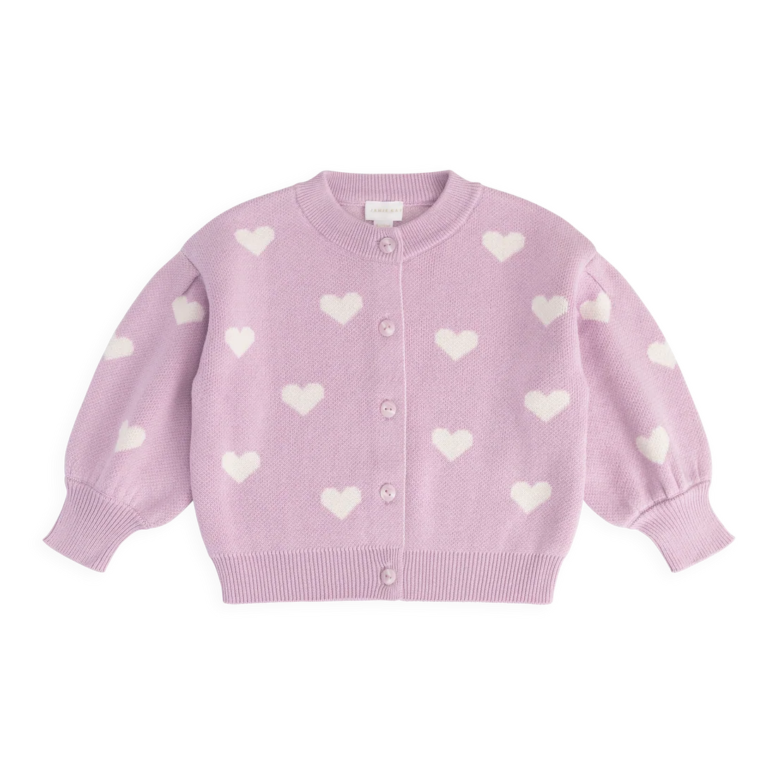 A light pink knit cardigan sweater for toddlers, featuring an all-over pattern of small white hearts and a button-up front, displayed flat against a solid white background.