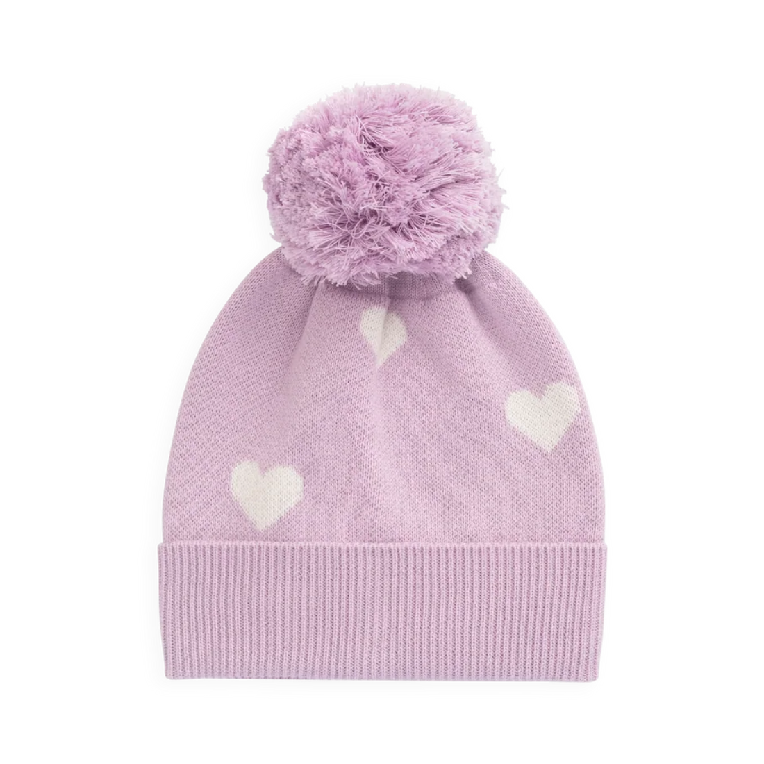A light purple knit beanie hat with a matching fuzzy pom-pom on top and small white heart patterns, shown against a plain white background.