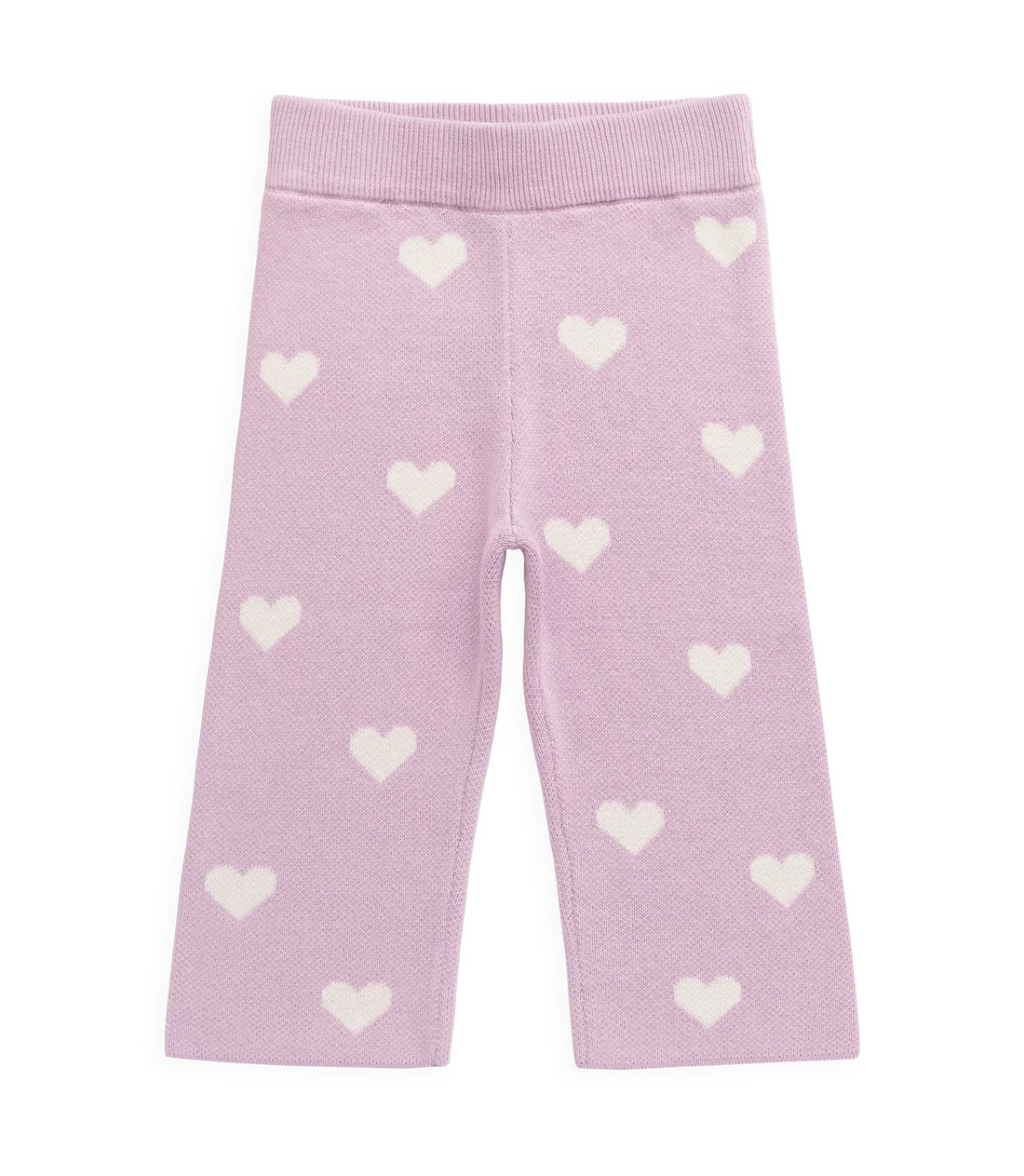 Light pink knit capri leggings with an allover cream heart pattern, shown flat against a white background.