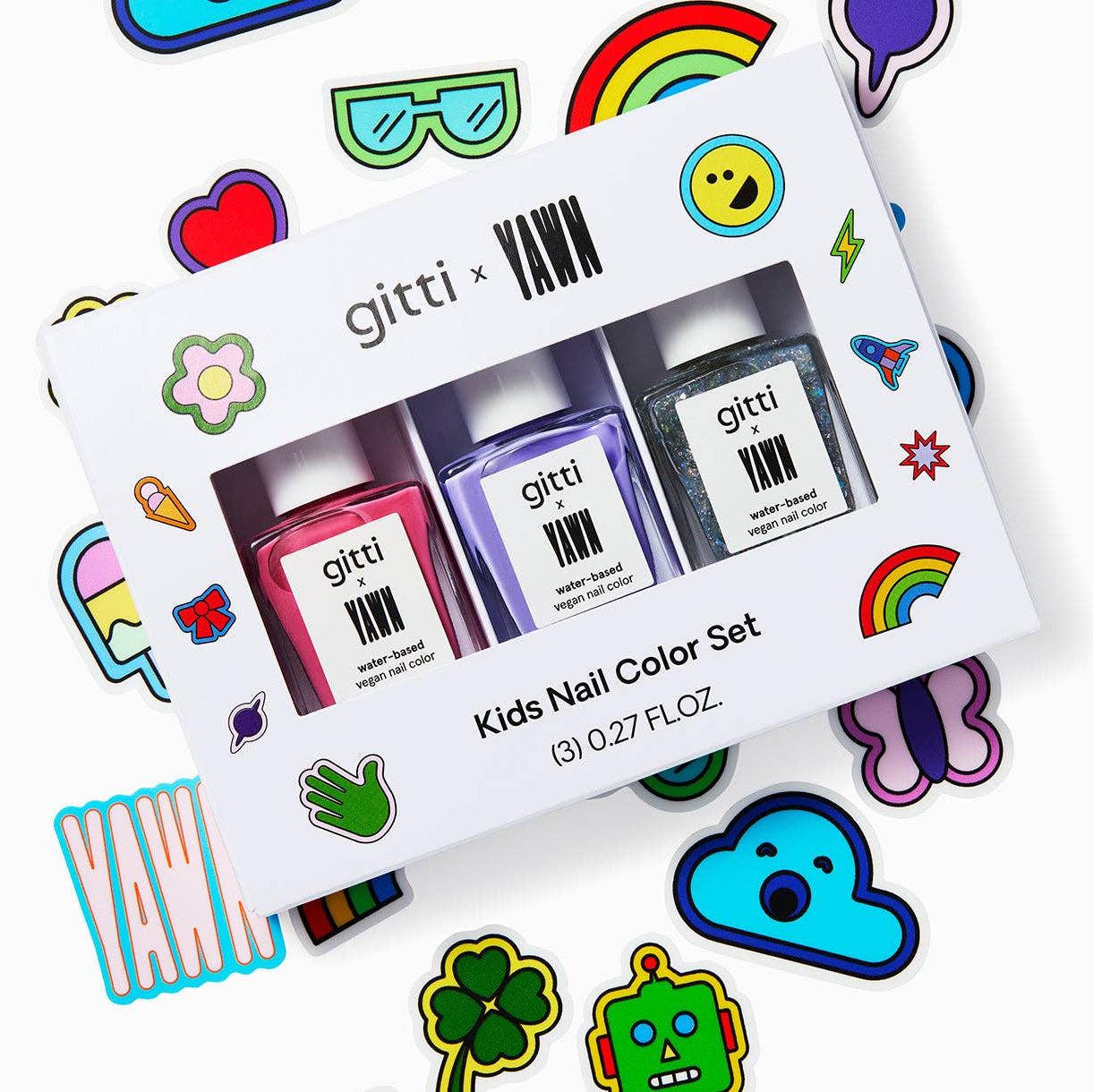 gitti Kids Nail Color Set packaging with colorful nail polish bottles and decorative stickers on a white background