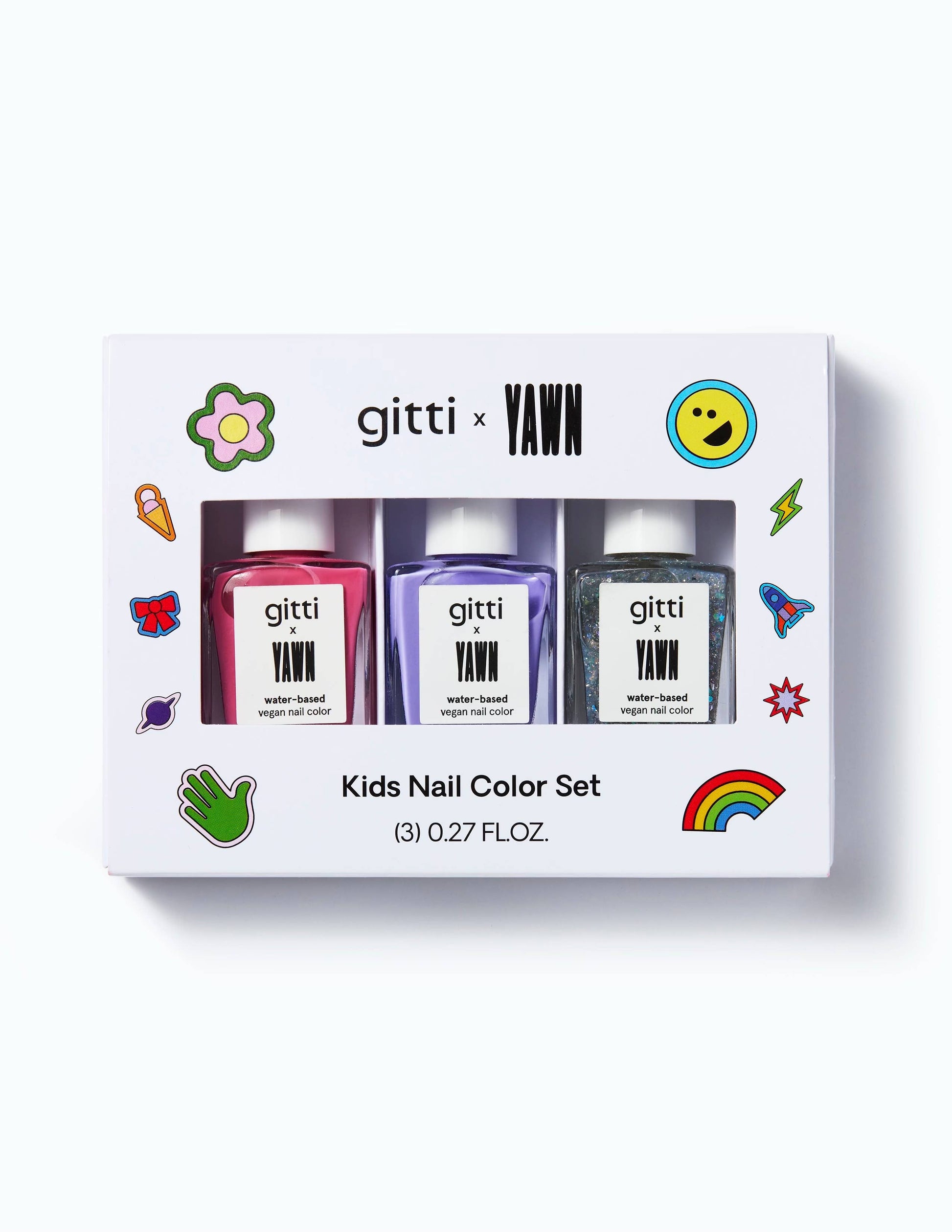 gitti x YAWN Kids Nail Color Set packaging with three bottles of nail polish on a white background.