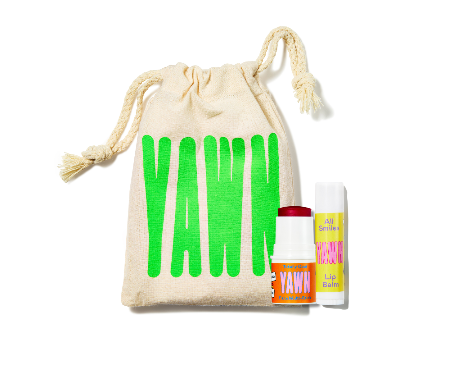 Yawn branded drawstring bag with lip balm and lip gloss on a white background