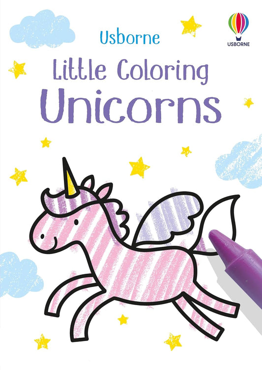 Coloring book cover for 'Little Coloring Unicorns' with a unicorn illustration and Usborne logo.