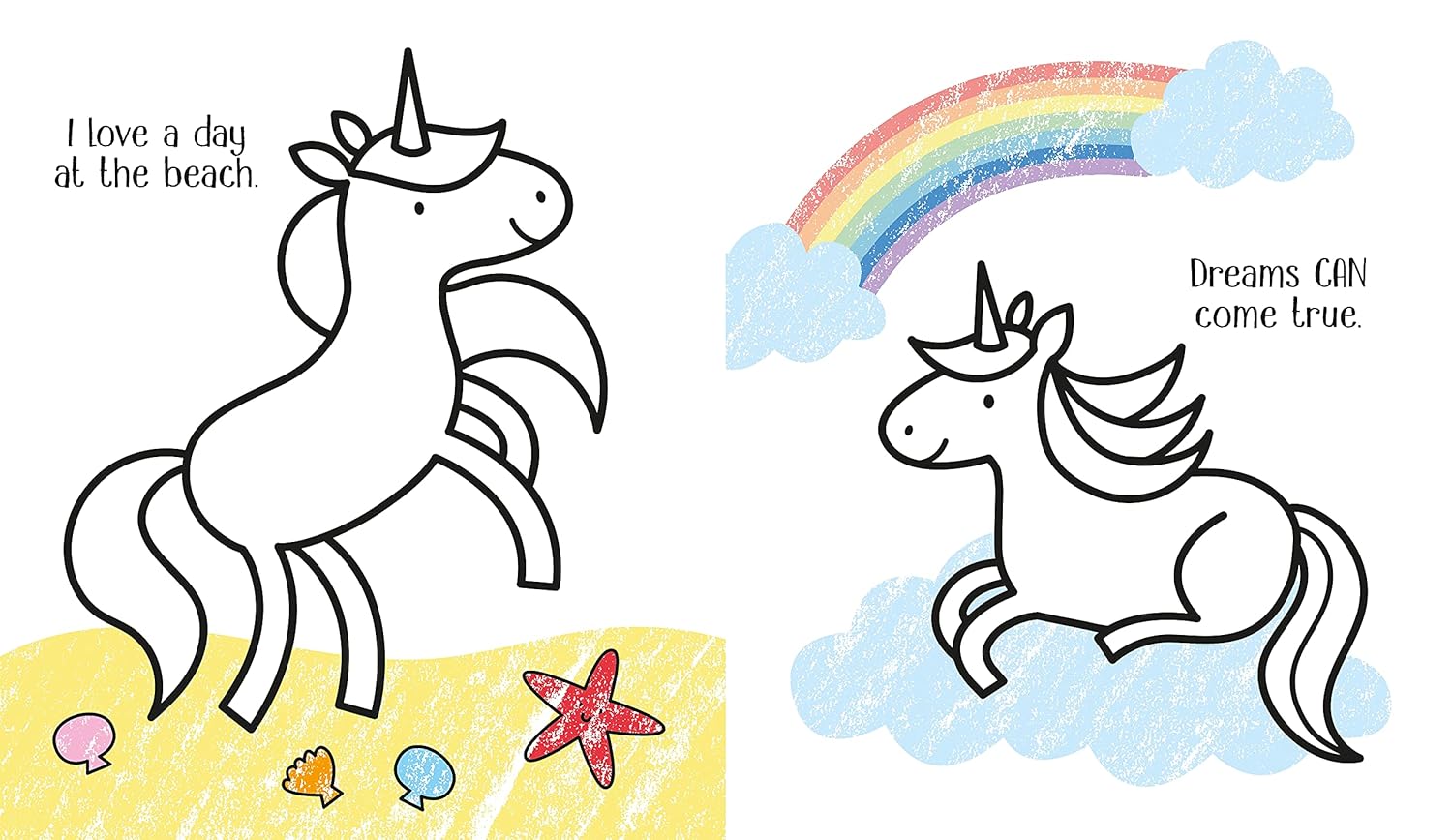Two coloring pages with unicorns, one on a beach and one with a rainbow and clouds.