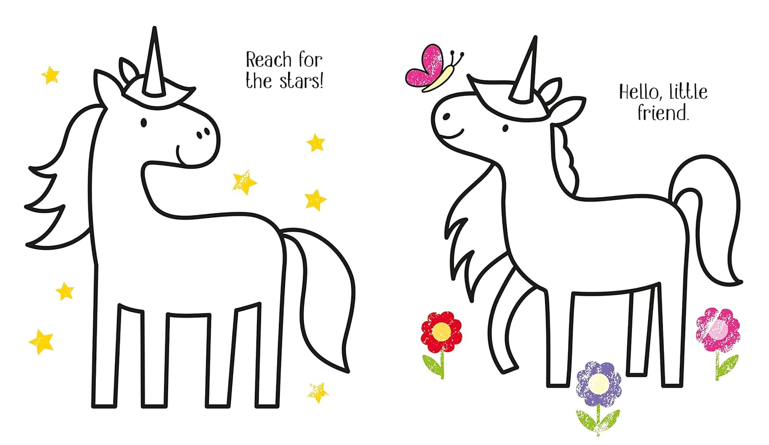 Two cartoon unicorns with motivational text and flowers on a white background