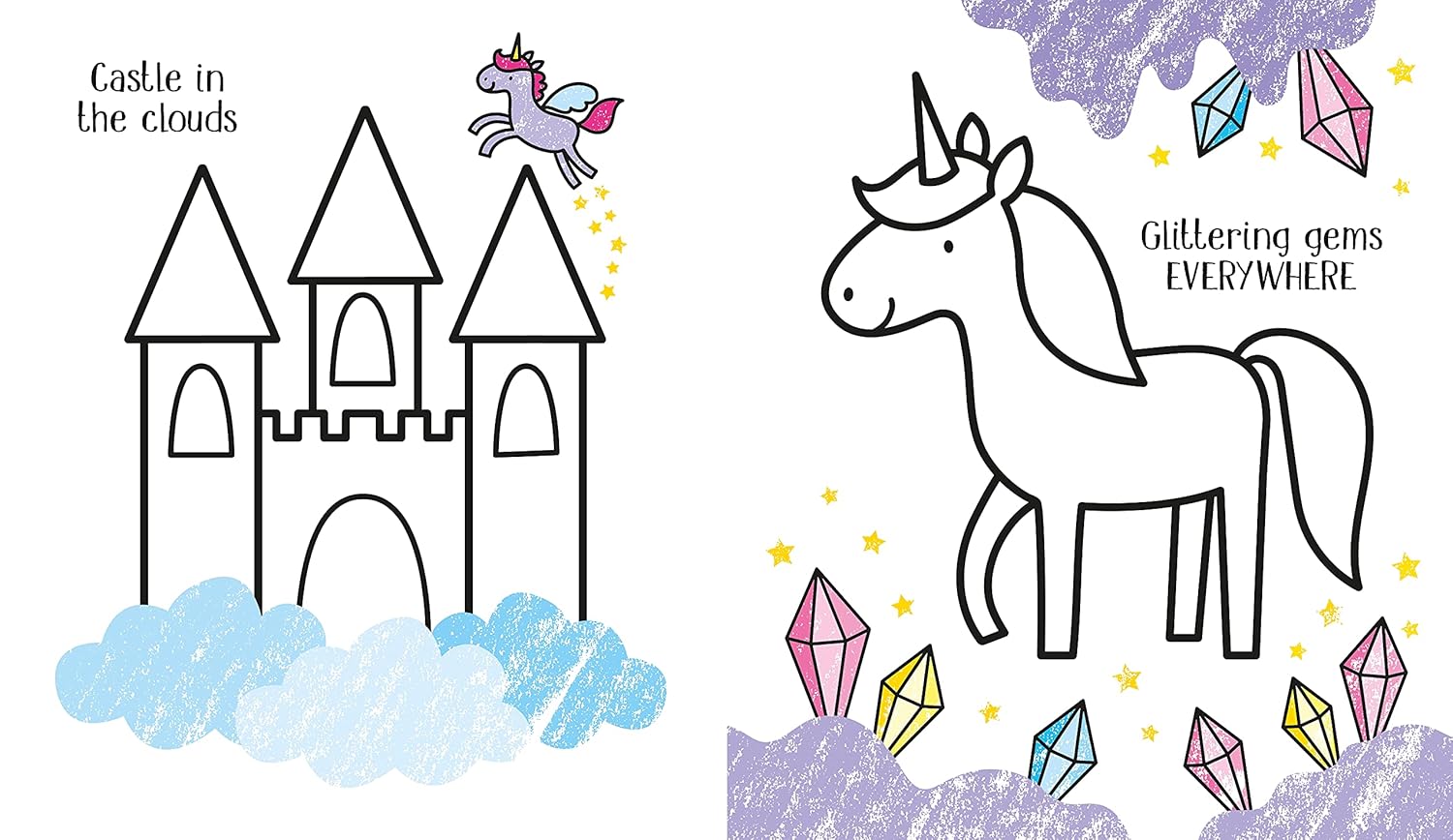 Coloring book page with castle and unicorn illustration