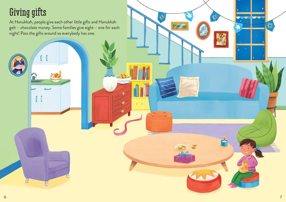 Colorful children's room with furniture and a child sitting on a stool.