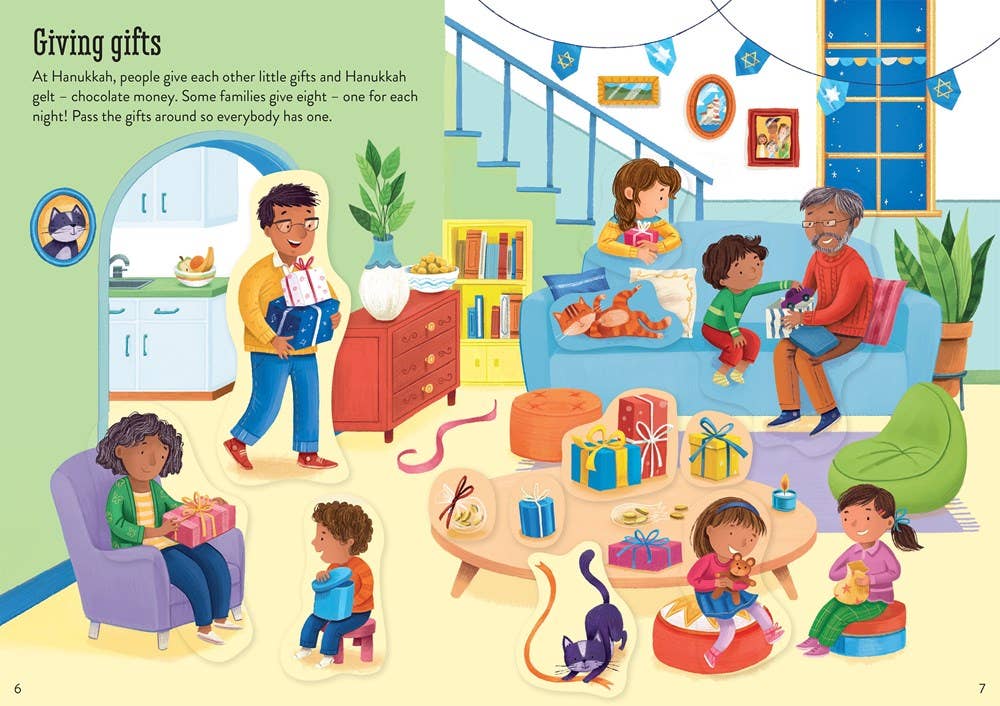 Illustration of a family gathering with gifts and Hanukkah decorations in a living room.