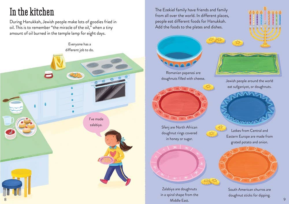 Illustrated book page about Hanukkah traditions in a kitchen setting with colorful plates and a menorah.