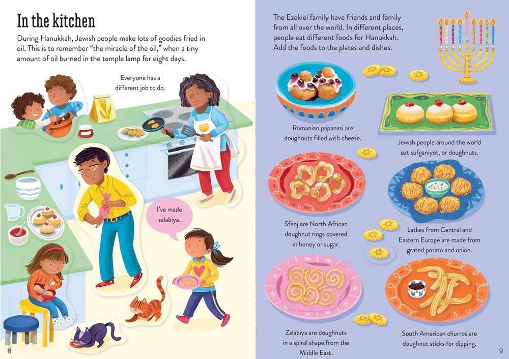 Illustrated book page about Hanukkah traditions with children and food.