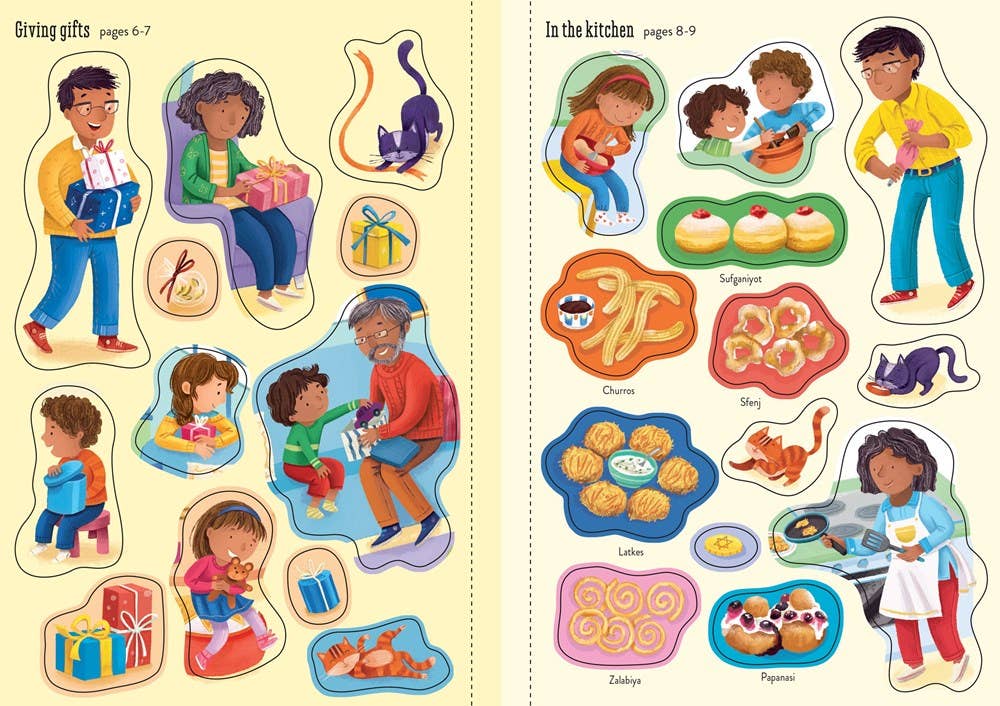 Illustrated pages from a children's book showing children and food items.