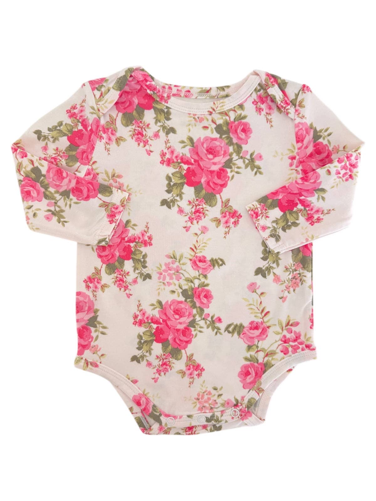 Floral-patterned baby onesie on a white background
