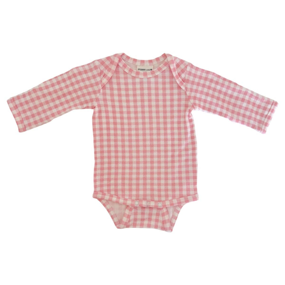 Red and white checkered baby onesie on a white background