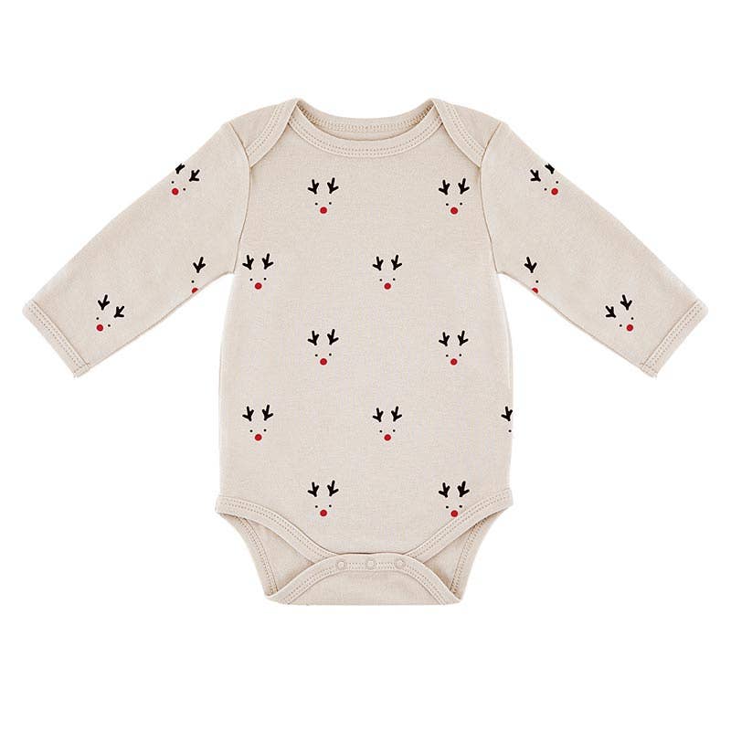 Beige baby onesie with reindeer pattern on a white background