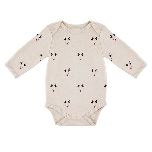 Beige baby onesie with reindeer pattern on a white background