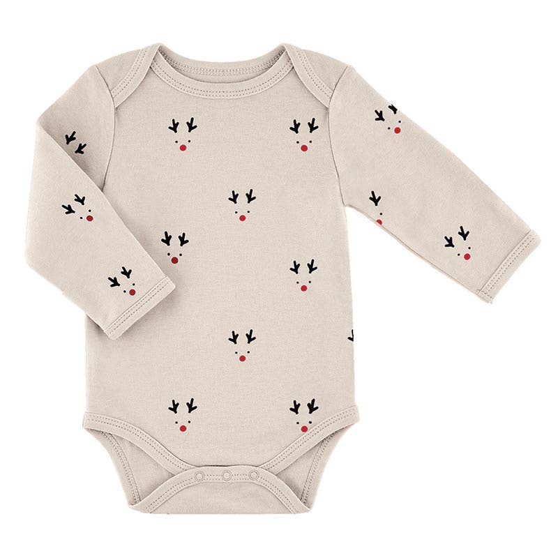 Beige baby onesie with reindeer pattern on a white background