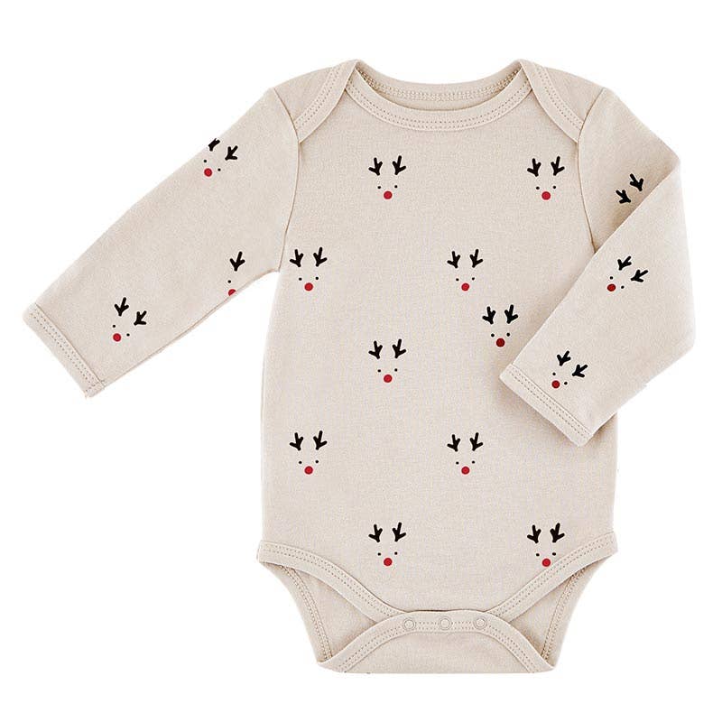 Beige baby onesie with reindeer pattern on a white background