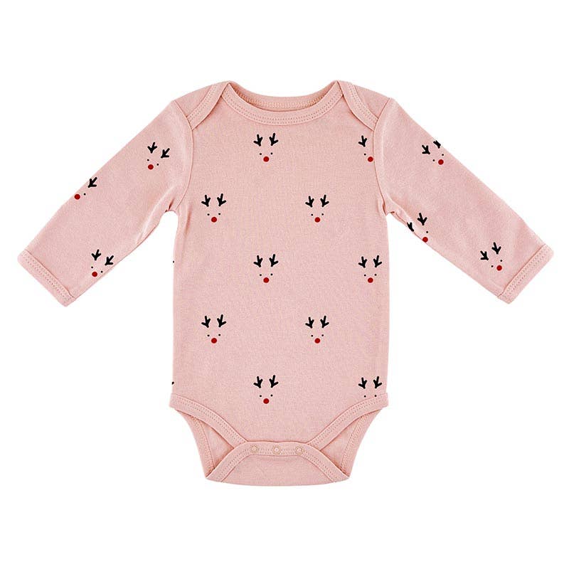 Pink baby onesie with reindeer pattern on a white background