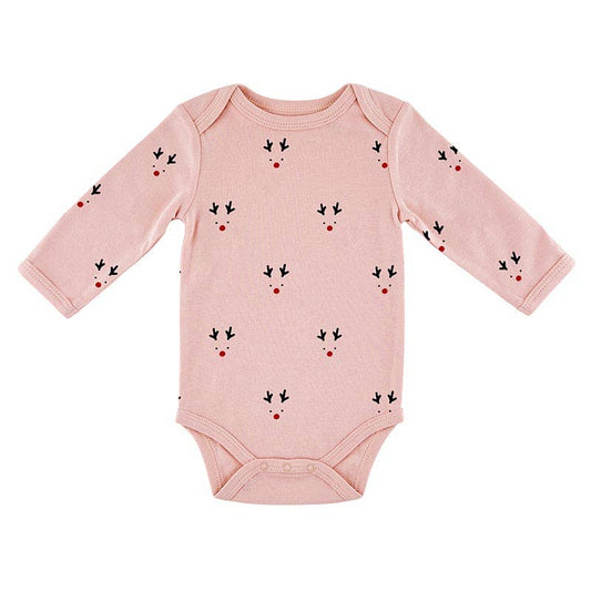 Pink baby onesie with reindeer pattern on a white background