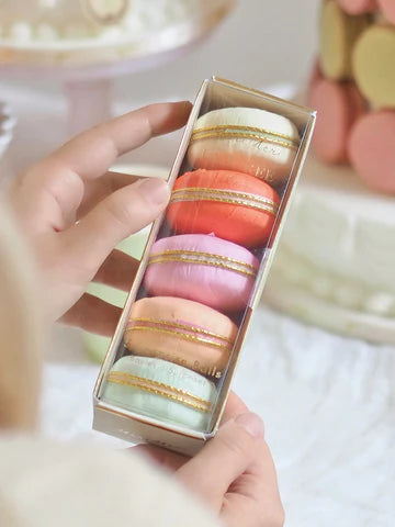 Hand holding a box of colorful macarons with a blurred background