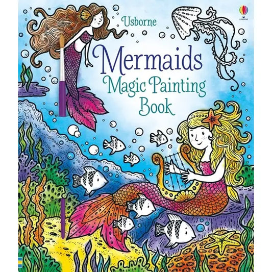 Book cover of 'Mermaids Magic Painting Book' by Usborne with mermaid illustrations and ocean elements.