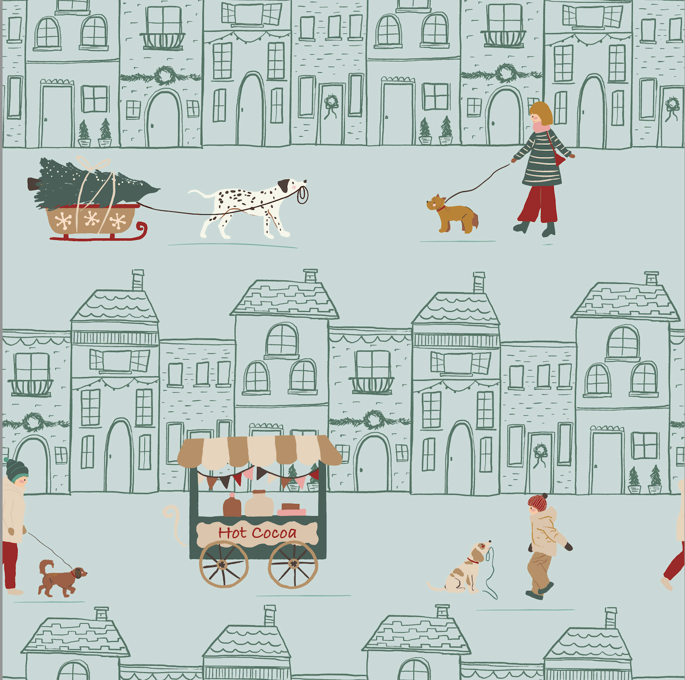 Illustration of a winter scene with people, dogs, and a hot cocoa cart against a backdrop of houses.