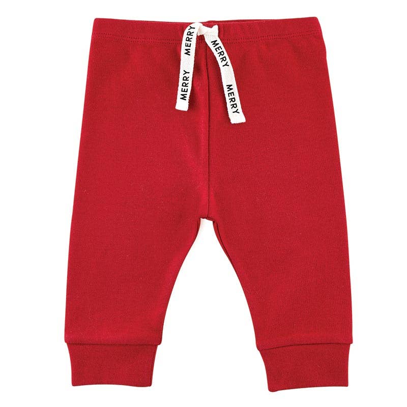 Red children's pants with 'Merry' drawstring on a white background