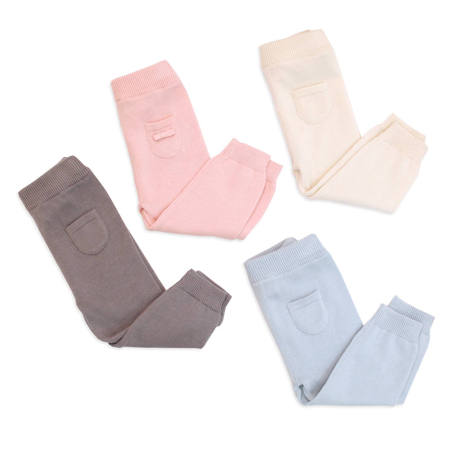 Four pairs of baby leggings in pink, beige, brown, and blue on a white background