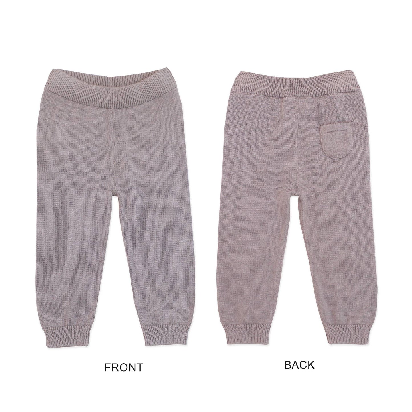Gray baby pants shown from front and back on a white background