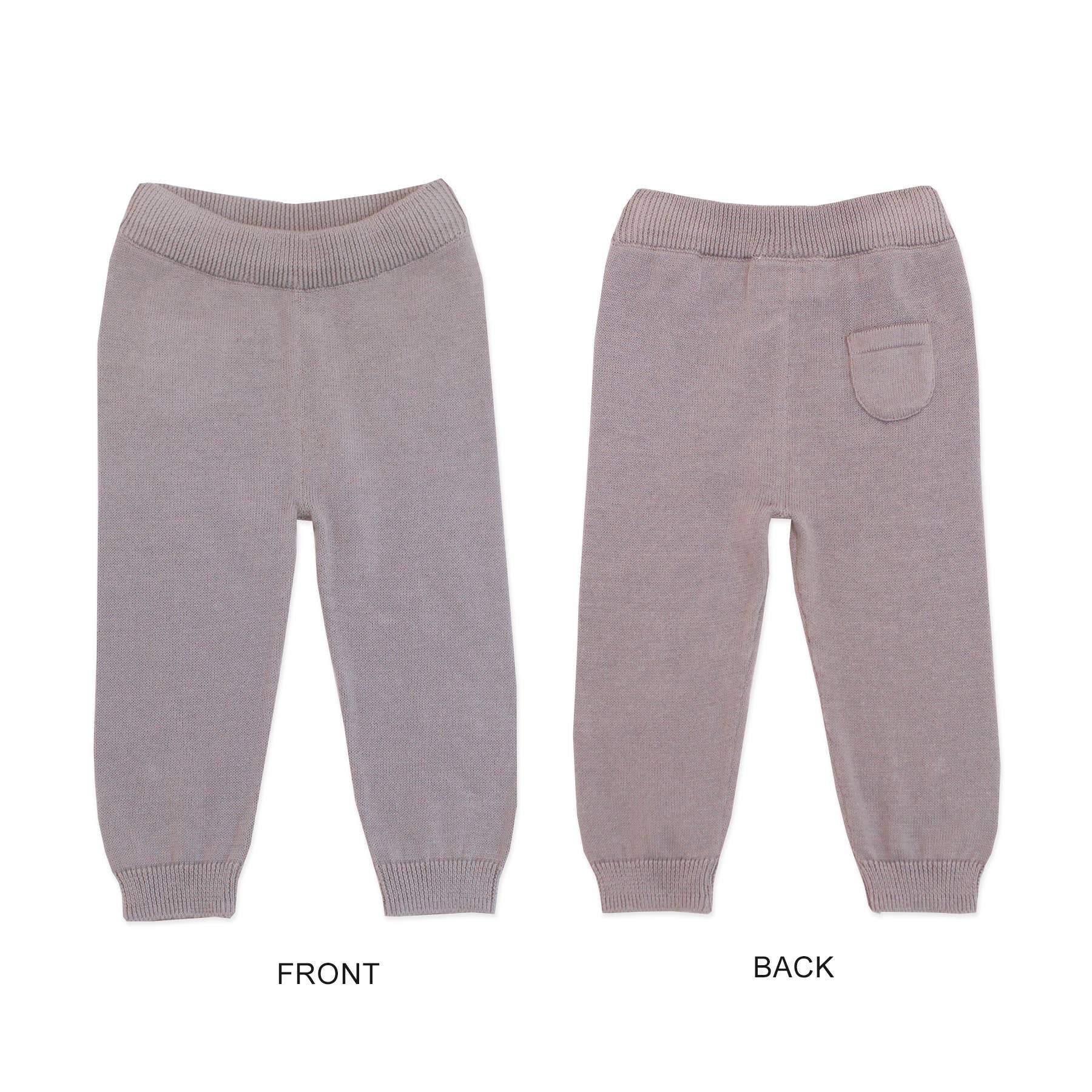 Gray baby pants shown from front and back on a white background