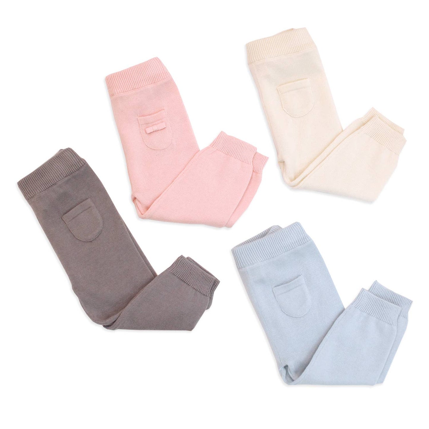 Four pairs of baby leggings in pink, beige, brown, and blue on a white background