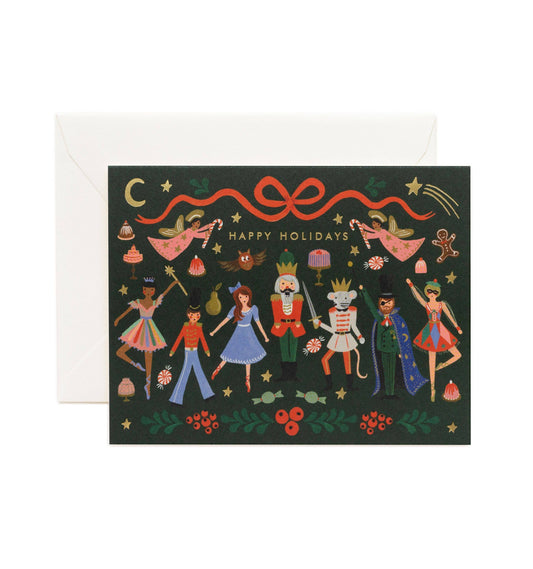 Holiday card with illustrated characters and 'Happy Holidays' text on a dark background