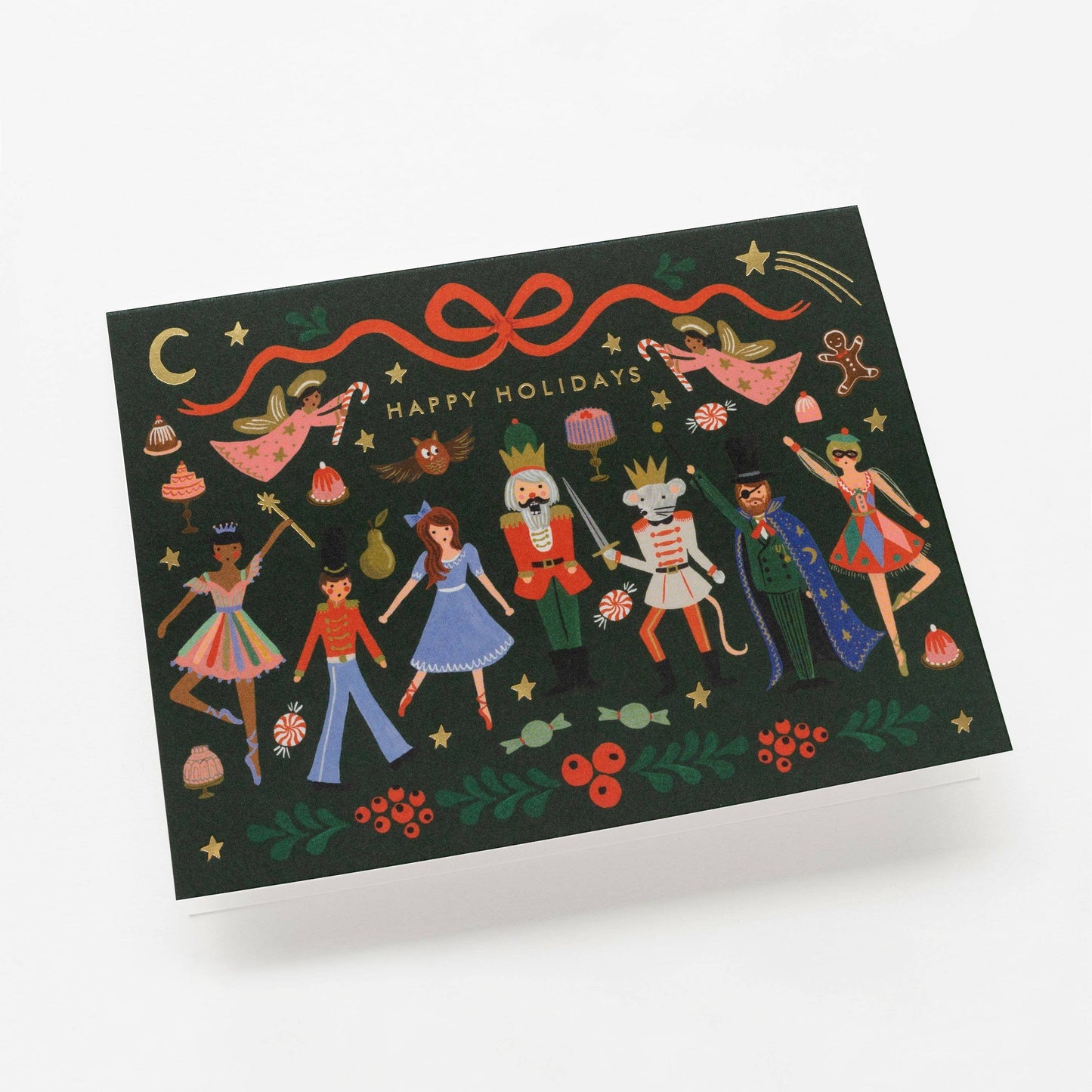 Holiday card with colorful illustrations of people and decorative elements on a black background.