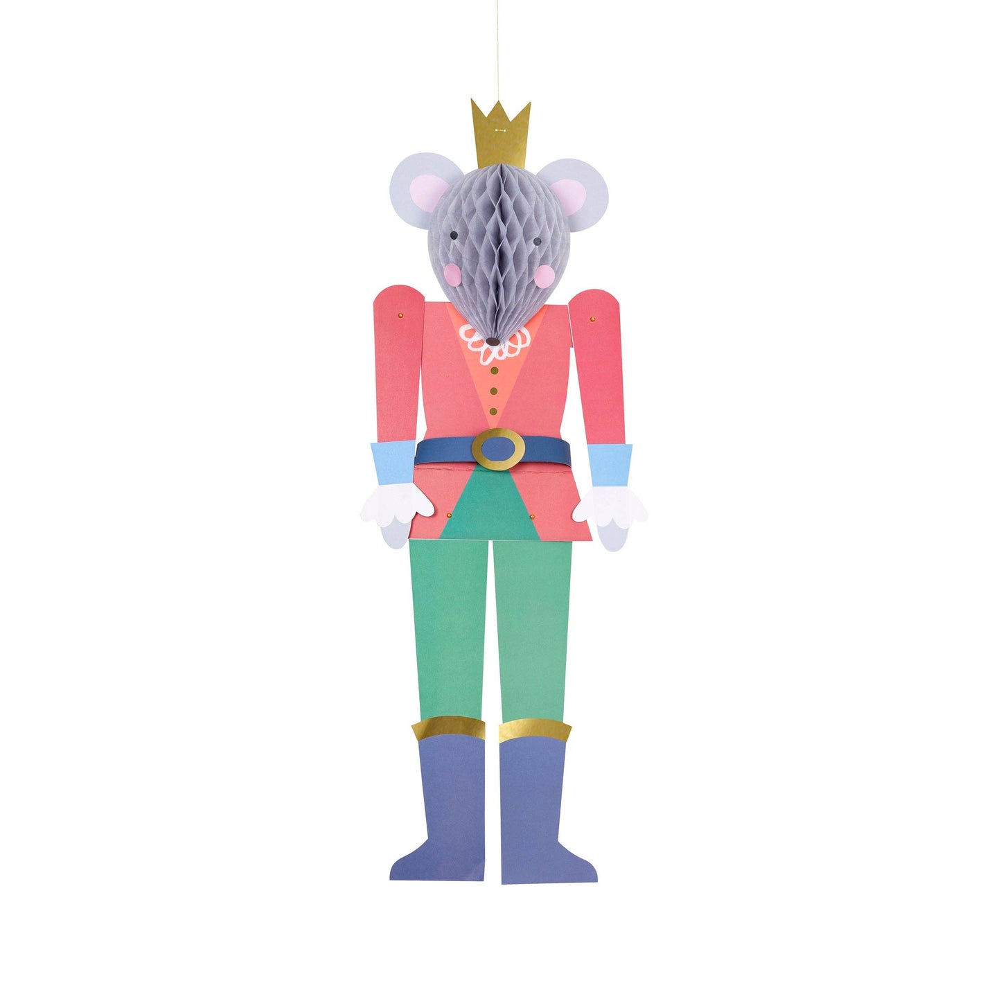 Decorative paper mouse in Nutcracker costume with a crown on a white background