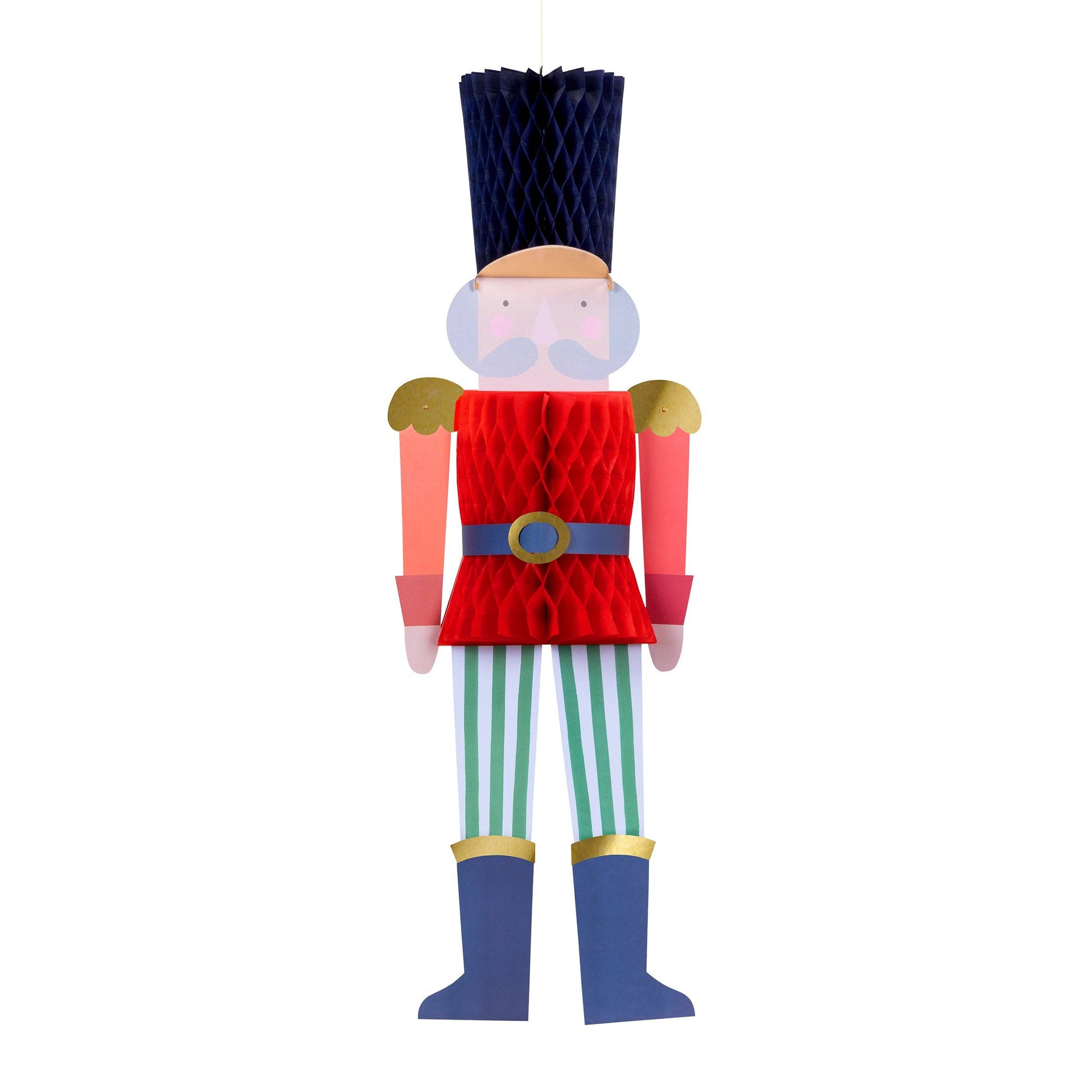 Decorative nutcracker figure with red outfit, green striped pants, and blue boots on a white background