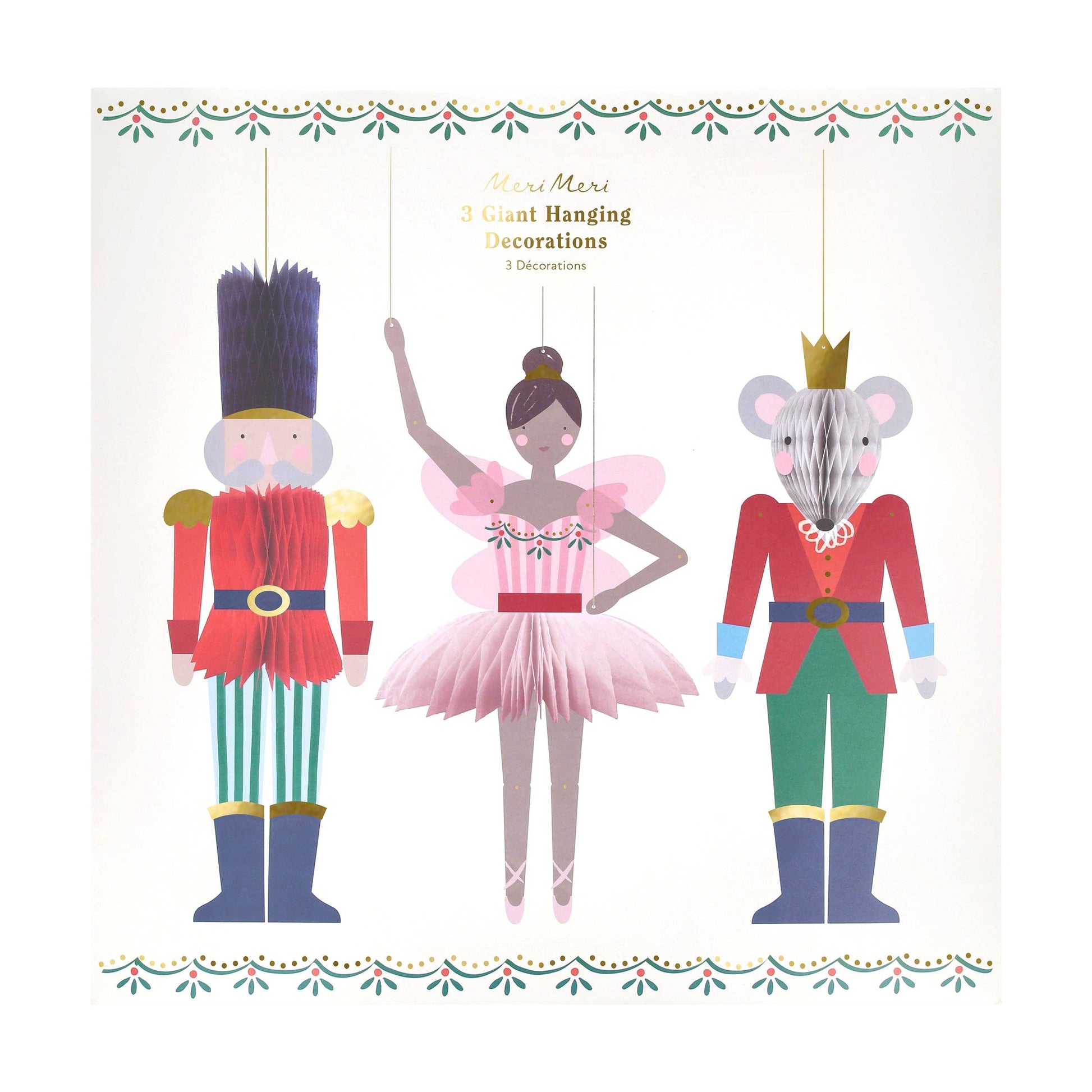Three hanging decorations inspired by 'The Nutcracker' on a white background