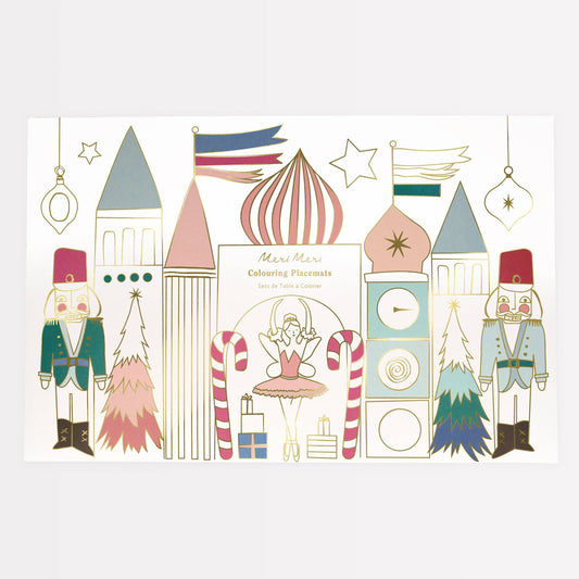 Decorative paper with festive illustrations including nutcrackers, candy canes, and a clock tower on a white background.